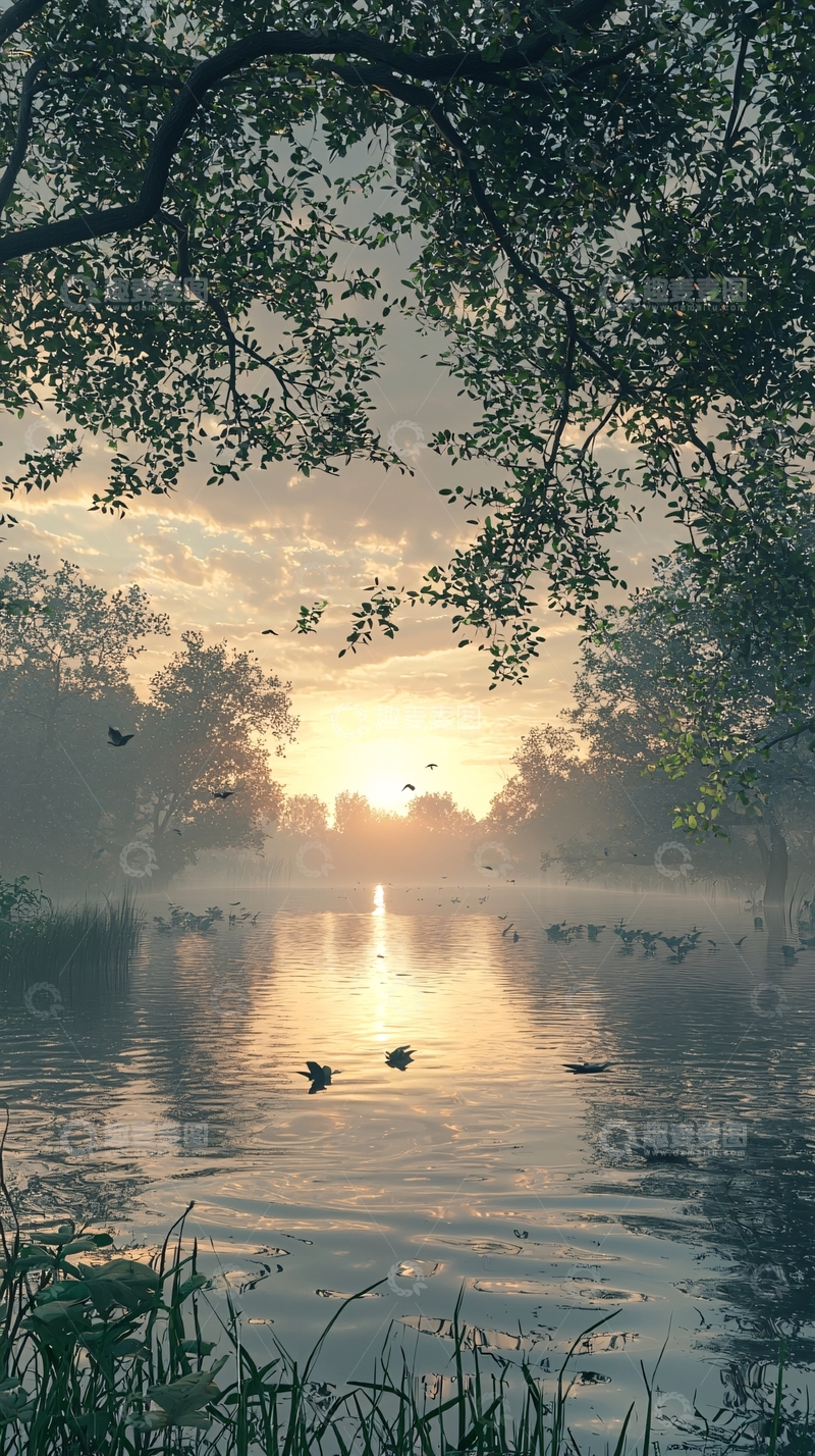 高清大图下载【趣麦麦图】宁静湖面日出光辉