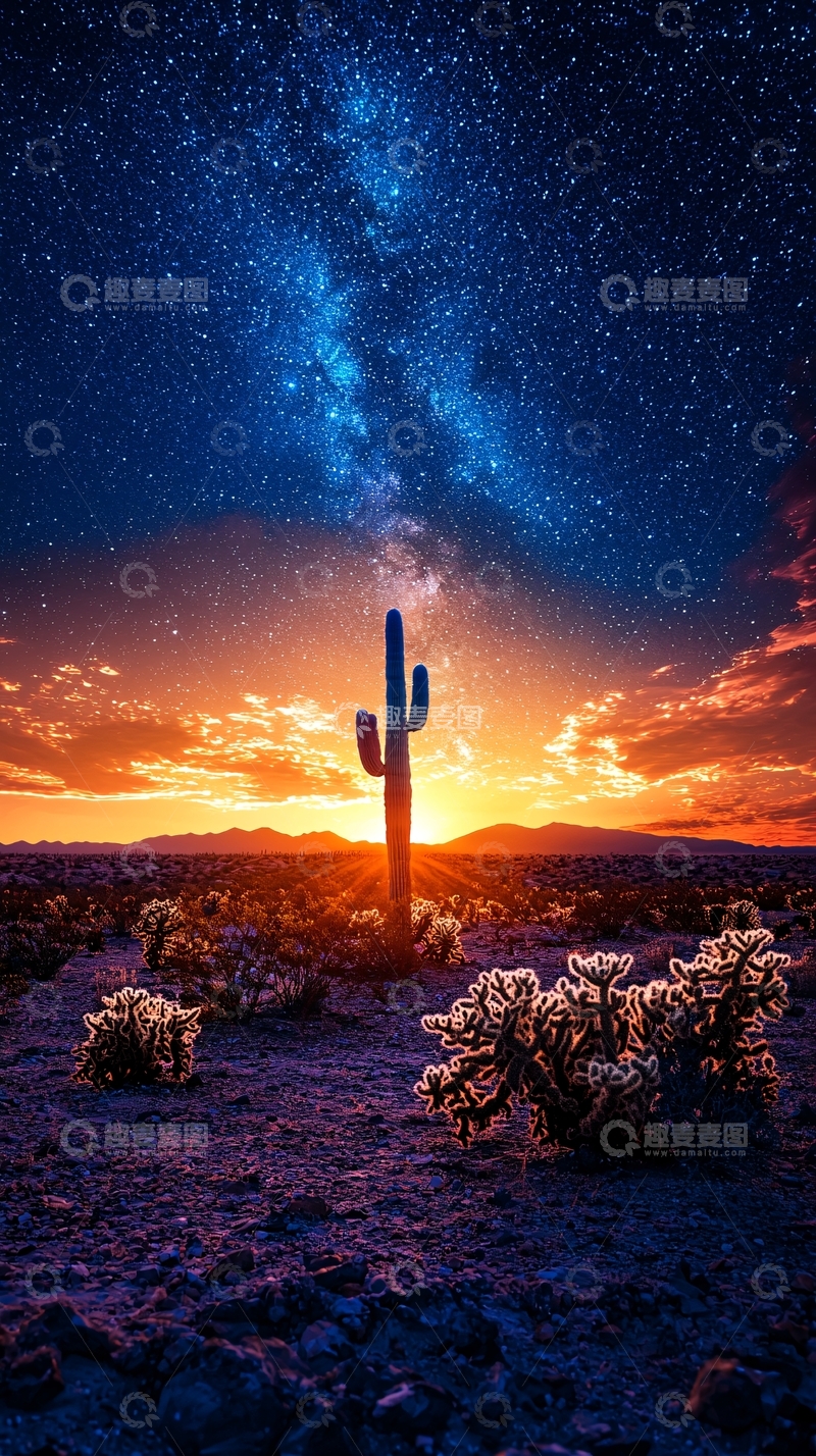 高清大图下载【趣麦麦图】仙人掌星空日落景观