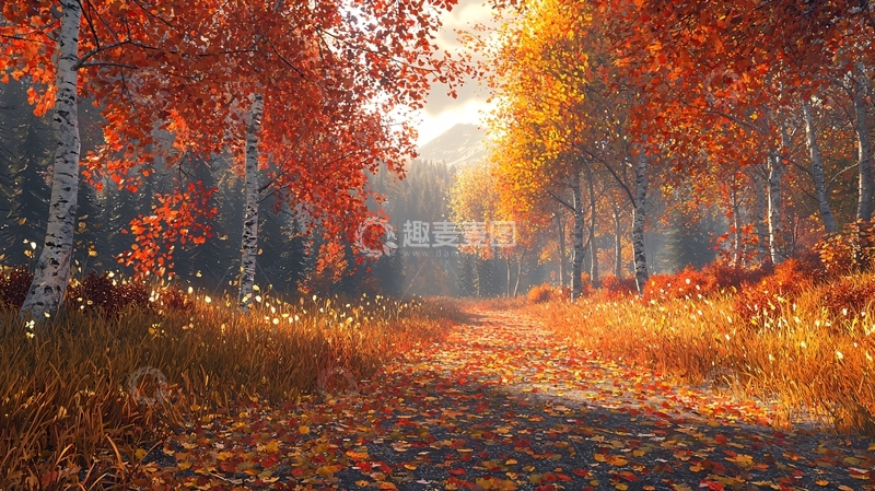 高清大图下载【趣麦麦图】秋日森林小路落叶缤纷