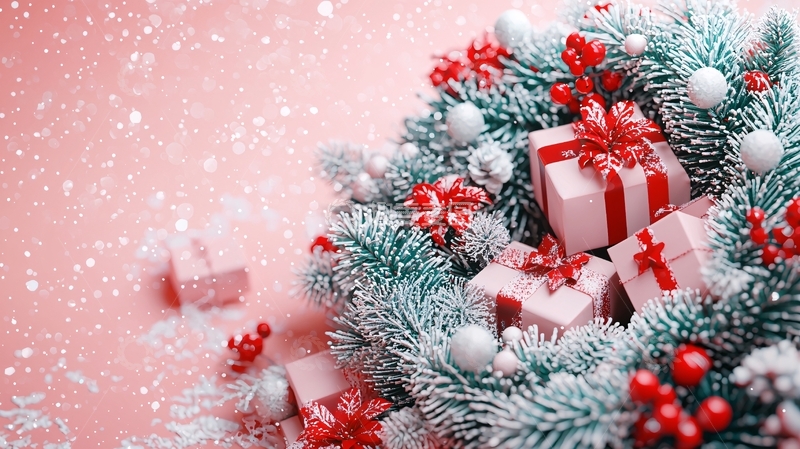 高清大图下载【趣麦麦图】粉色背景圣诞礼物