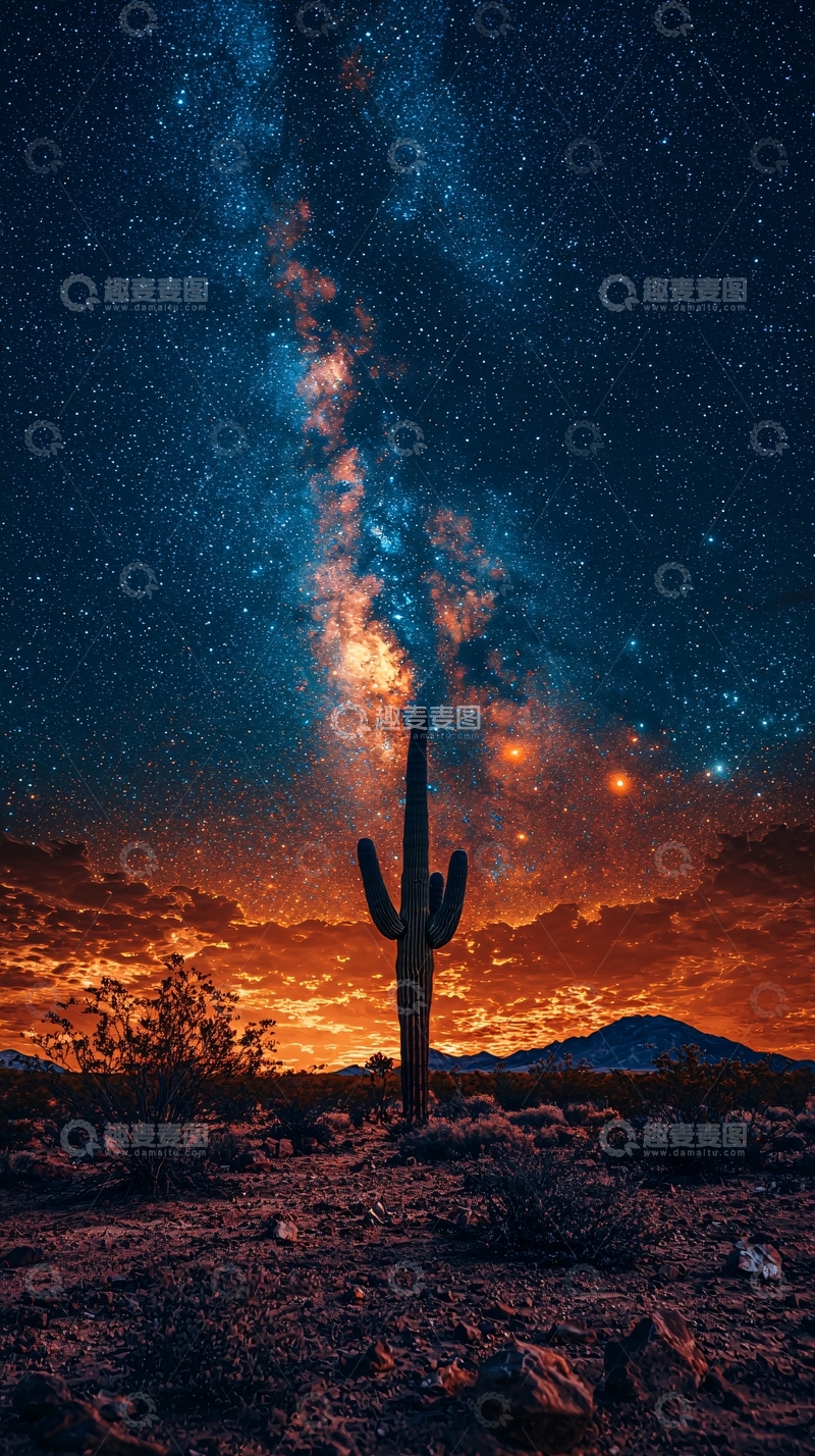 高清大图下载【趣麦麦图】仙人掌与壮丽星空的宁静之夜