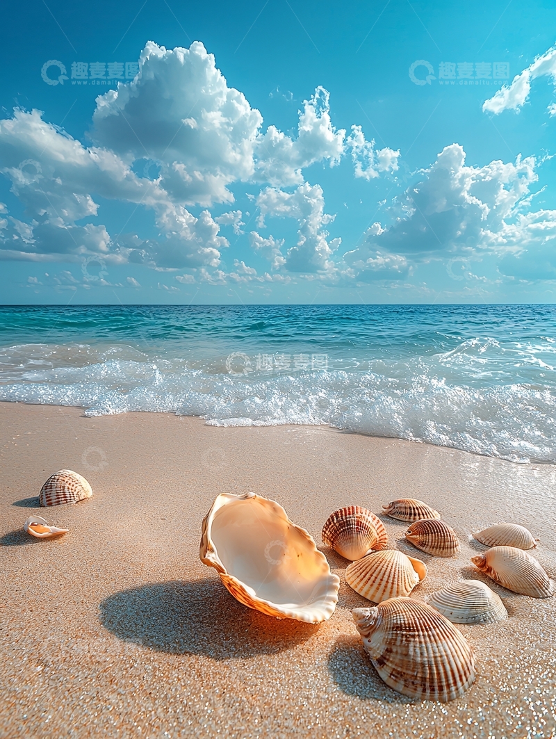 高清大图下载【趣麦麦图】海滩上贝壳与浪花