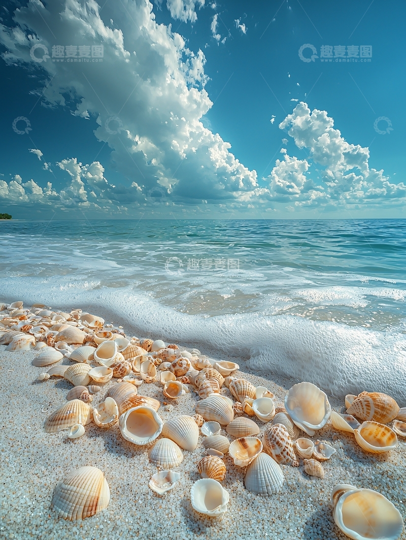 高清大图下载【趣麦麦图】海滩贝壳白沙浪花风景