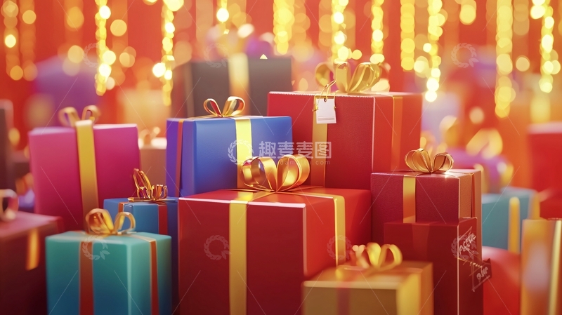 高清大图下载【趣麦麦图】金色背景下堆叠的礼物