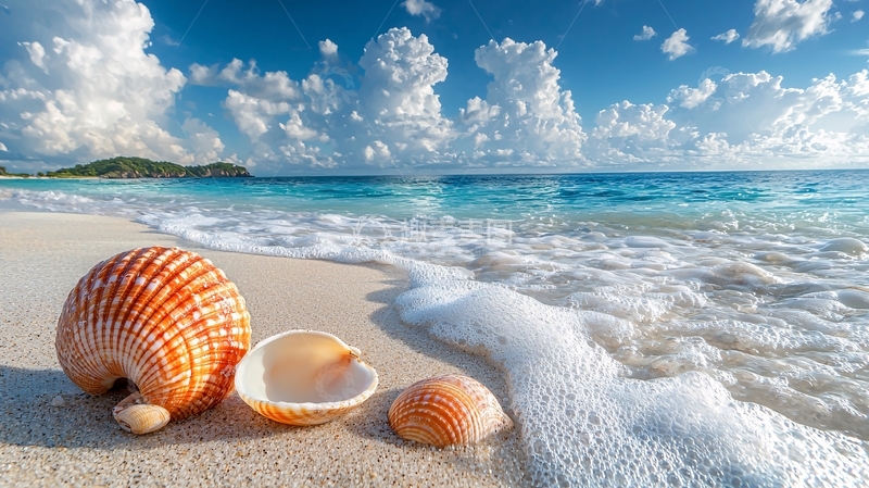 高清大图下载【趣麦麦图】海滩贝壳与清澈海水