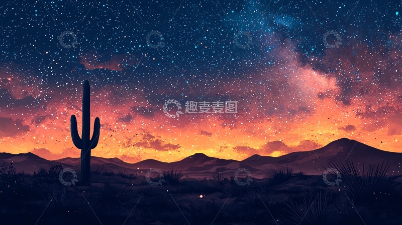 高清大图下载【趣麦麦图】仙人掌下的星空日落