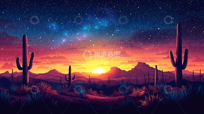 高清大图下载【趣麦麦图】沙漠落日星空