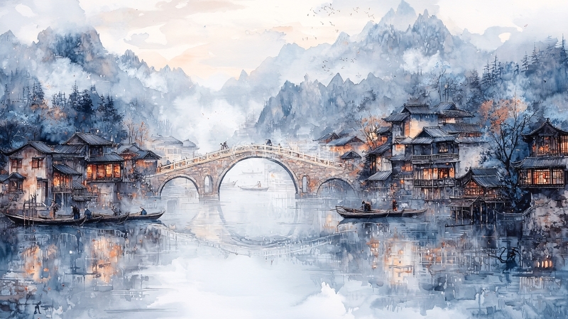 高清大图下载【趣麦麦图】水墨风山水小镇