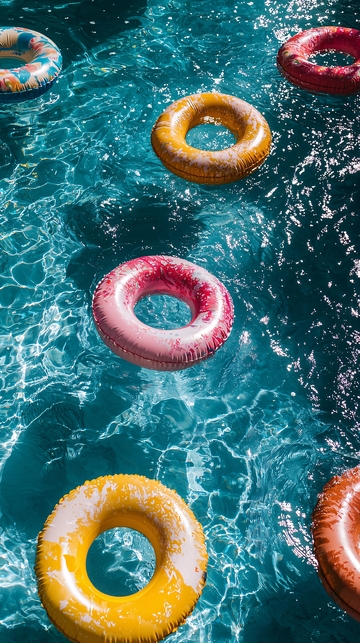 清澈泳池中的彩色泳圈