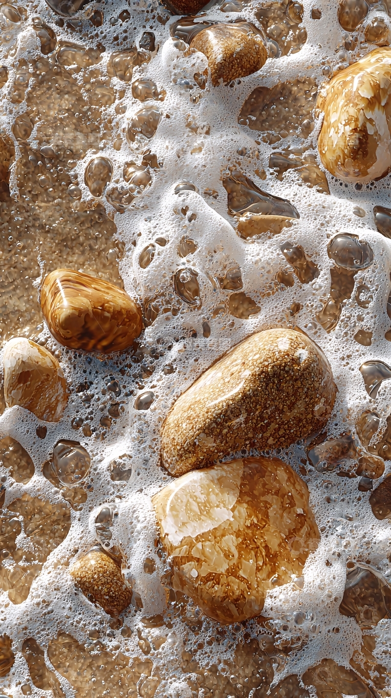 高清大图下载【趣麦麦图】海浪冲刷沙滩上的石头