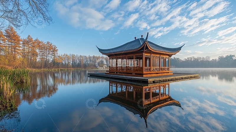 高清大图下载【趣麦麦图】湖面亭台倒影蓝天白云