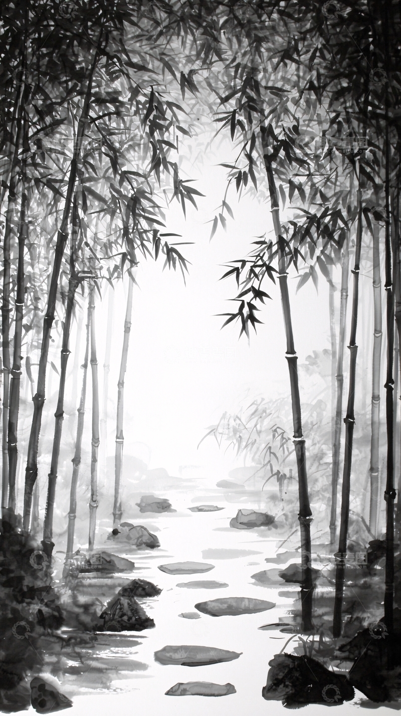 高清大图下载【趣麦麦图】水墨竹林小路