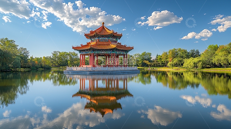 高清大图下载【趣麦麦图】宁静湖面倒影中国古建筑