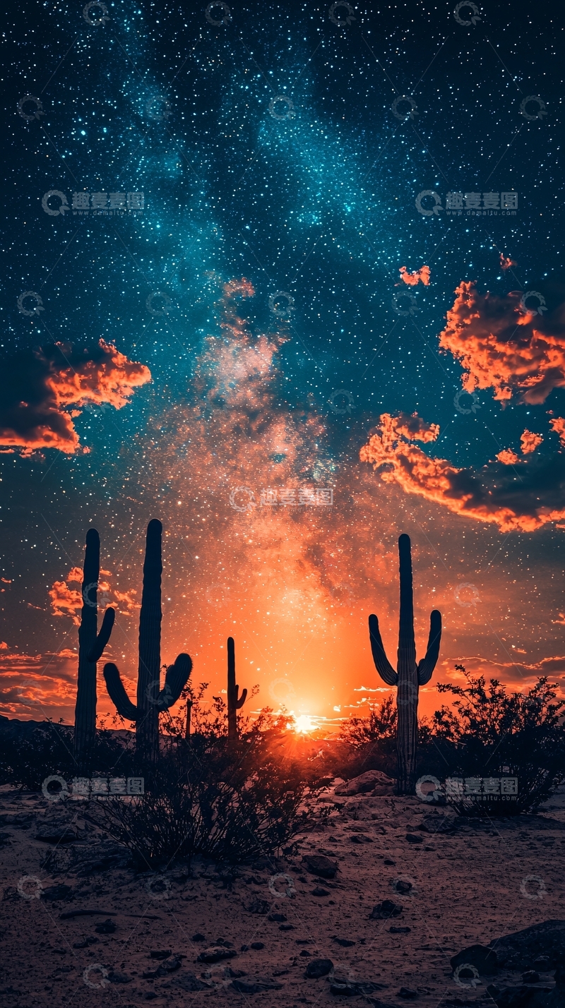 高清大图下载【趣麦麦图】仙人掌剪影下的星空银河