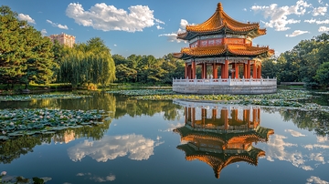 中国古典建筑倒影在湖中