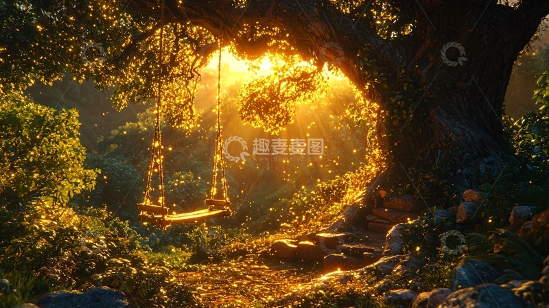 高清大图下载【趣麦麦图】金色阳光下的树林秋千