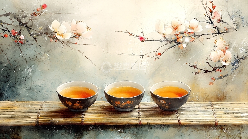 高清大图下载【趣麦麦图】茶与梅花的水墨意境