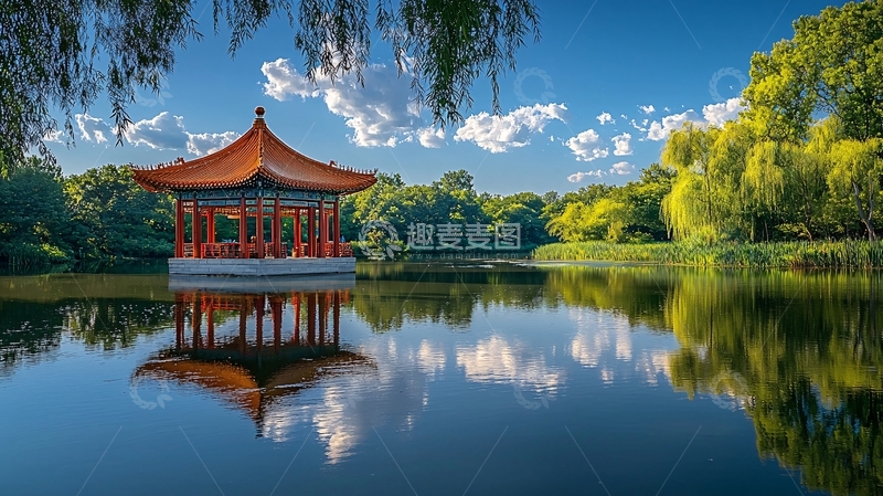 高清大图下载【趣麦麦图】湖中亭子的倒影