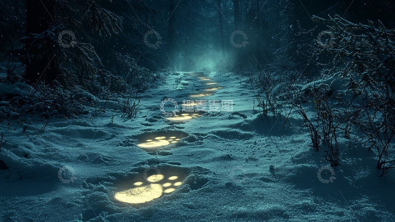 高清大图下载【趣麦麦图】雪地中发光的脚印