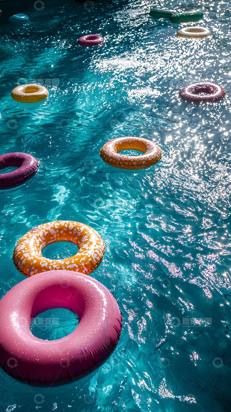 高清大图下载【趣麦麦图】水面漂浮着彩色游泳圈