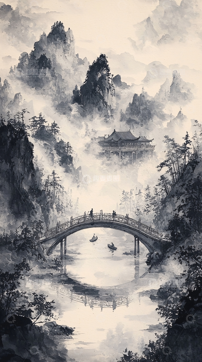 高清大图下载【趣麦麦图】水墨山水桥亭雾气缭绕