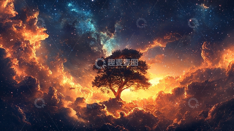 高清大图下载【趣麦麦图】孤独树在星空下