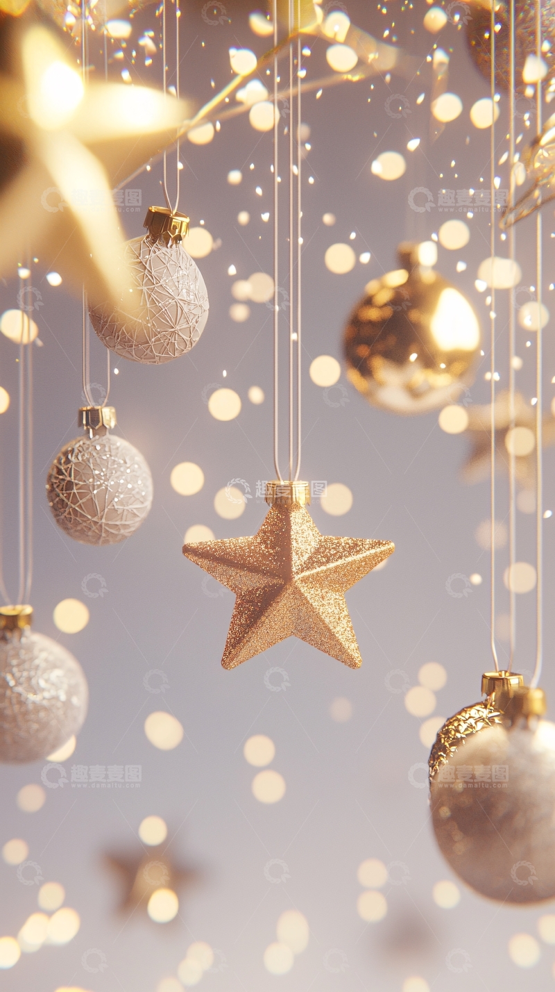 高清大图下载【趣麦麦图】金色星星和银色球体圣诞装饰