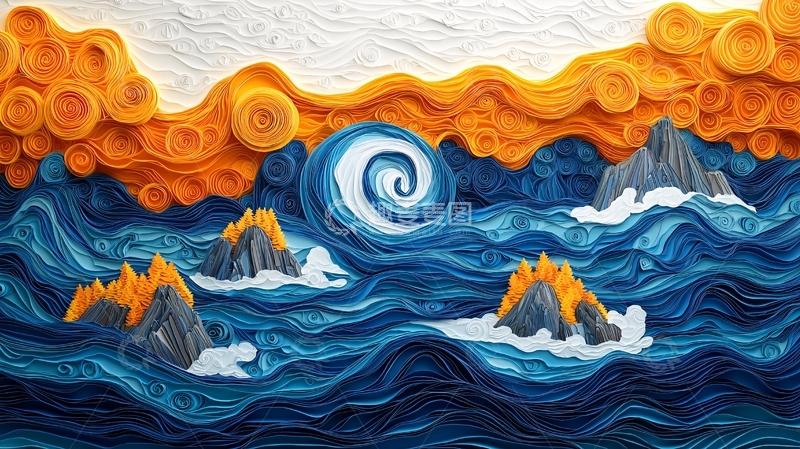 高清大图下载【趣麦麦图】海浪岛屿金色天空