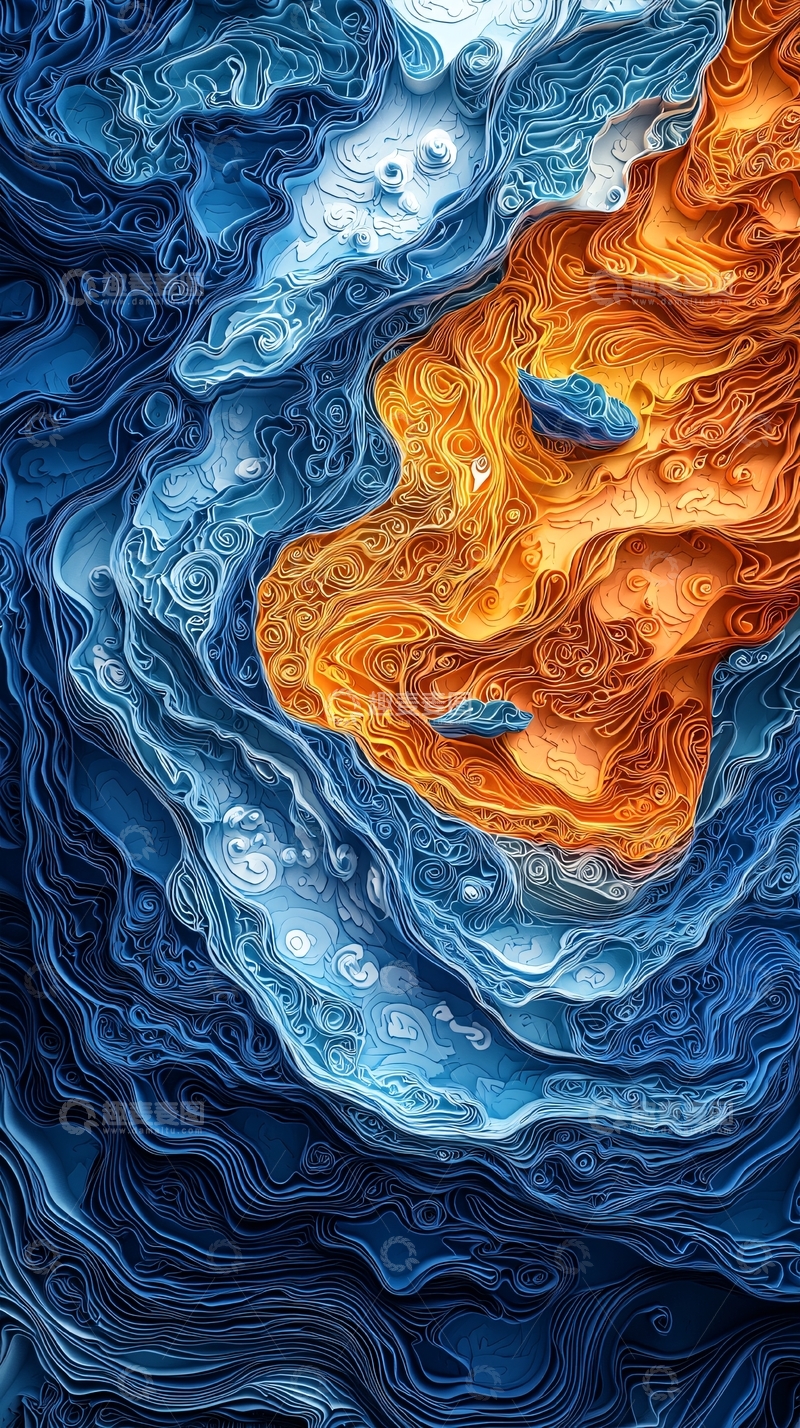 高清大图下载【趣麦麦图】蓝色与橙色的抽象海岛