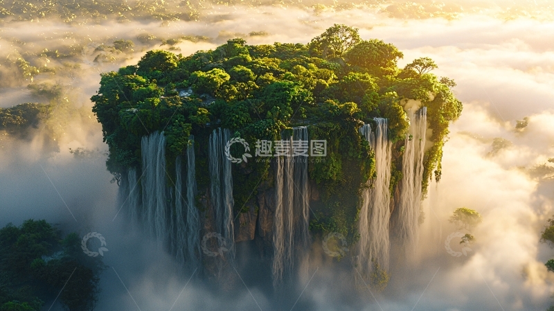 高清大图下载【趣麦麦图】悬浮岛屿瀑布云雾缭绕