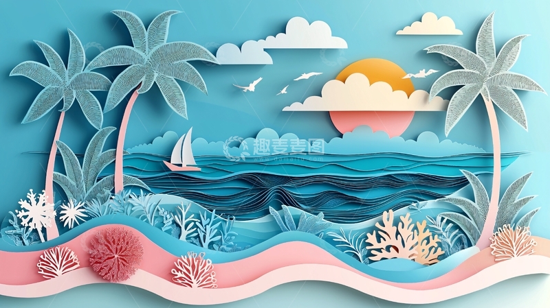 高清大图下载【趣麦麦图】蓝色海洋边的椰子树风景