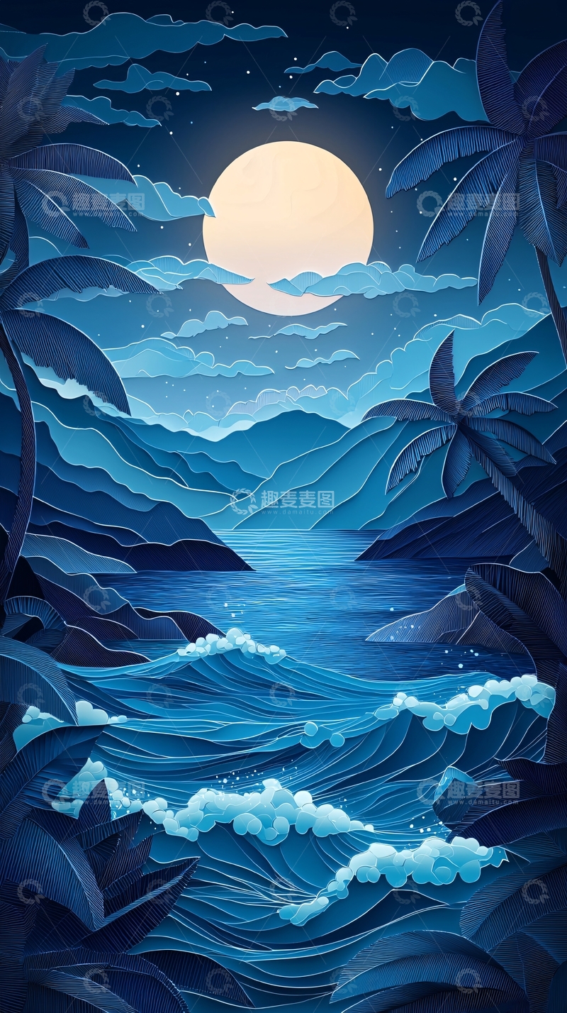 高清大图下载【趣麦麦图】蓝色海滨月夜