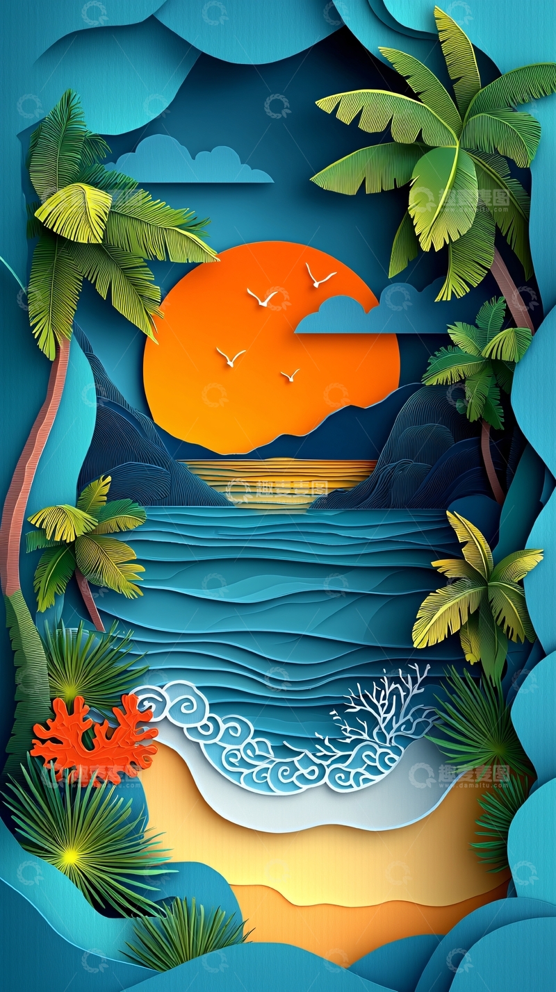 高清大图下载【趣麦麦图】热带海滩纸艺风格插画