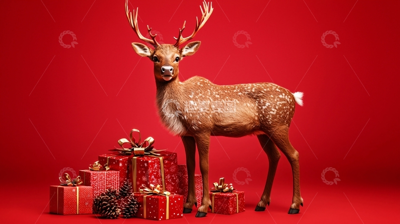 高清大图下载【趣麦麦图】红底圣诞驯鹿与礼物