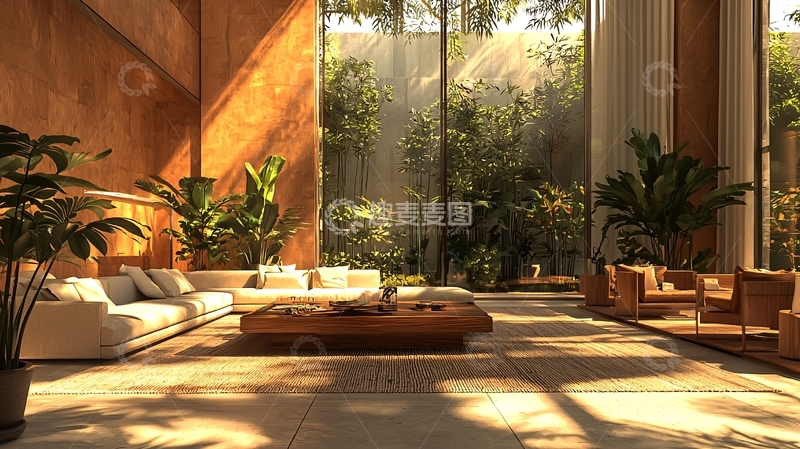 高清大图下载【趣麦麦图】阳光洒满的室内绿植休息区