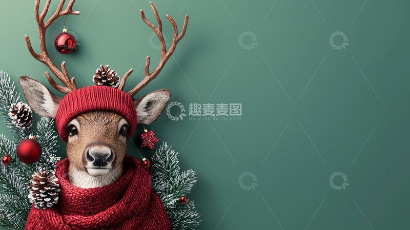 高清大图下载【趣麦麦图】戴红帽围巾的圣诞驯鹿
