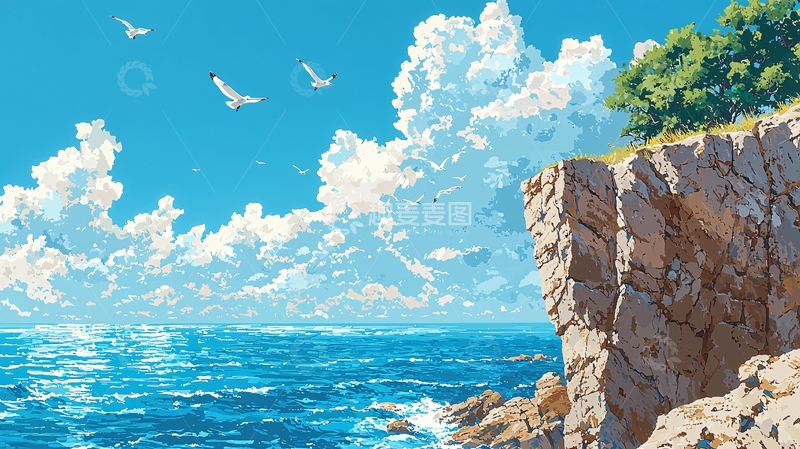 高清大图下载【趣麦麦图】海岸悬崖海鸥蓝天白云