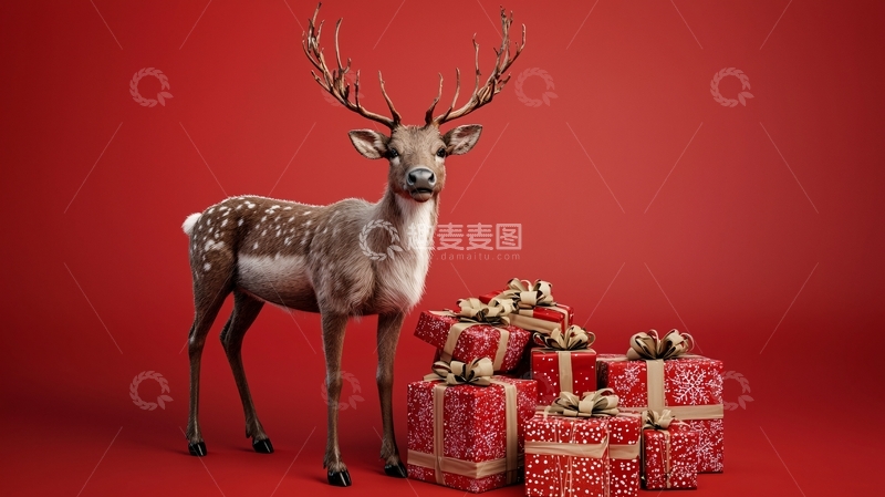 高清大图下载【趣麦麦图】红底圣诞驯鹿与礼物