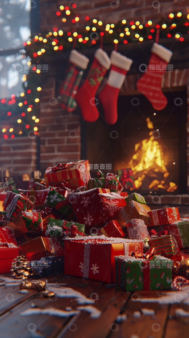 高清大图下载【趣麦麦图】圣诞节壁炉礼物堆