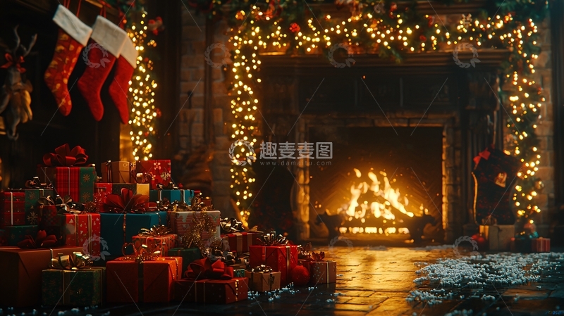高清大图下载【趣麦麦图】温暖的壁炉圣诞节场景