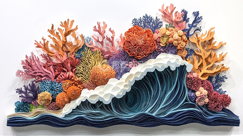 高清大图下载【趣麦麦图】珊瑚礁与海浪的纸艺作品