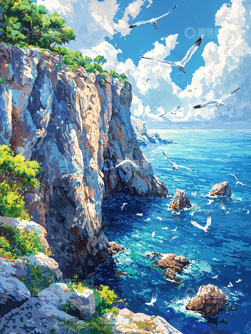 高清大图下载【趣麦麦图】蓝天白云海鸥飞翔的海边