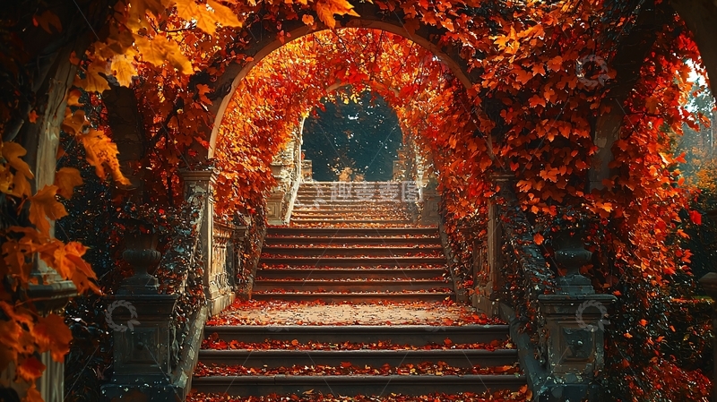 高清大图下载【趣麦麦图】秋叶拱门通往秘境