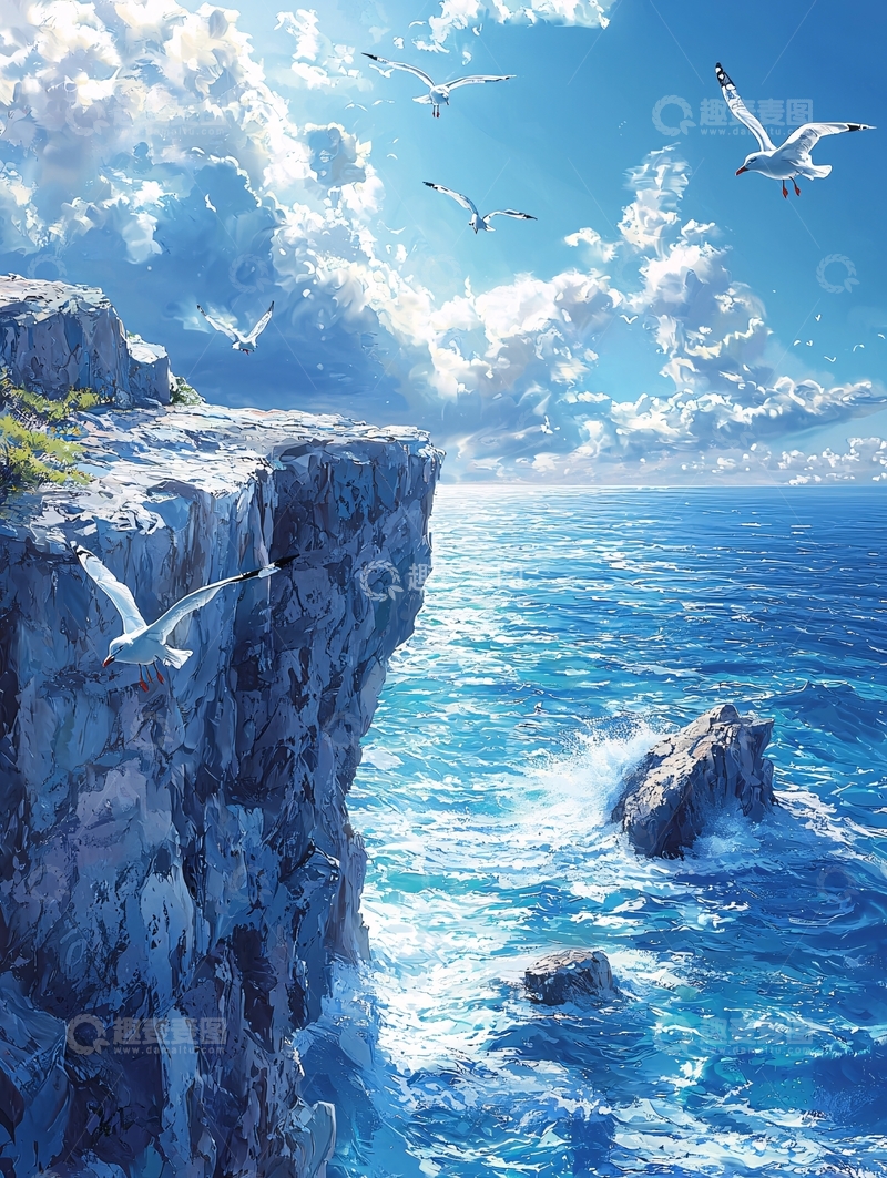 高清大图下载【趣麦麦图】悬崖峭壁海鸥飞翔的唯美画面