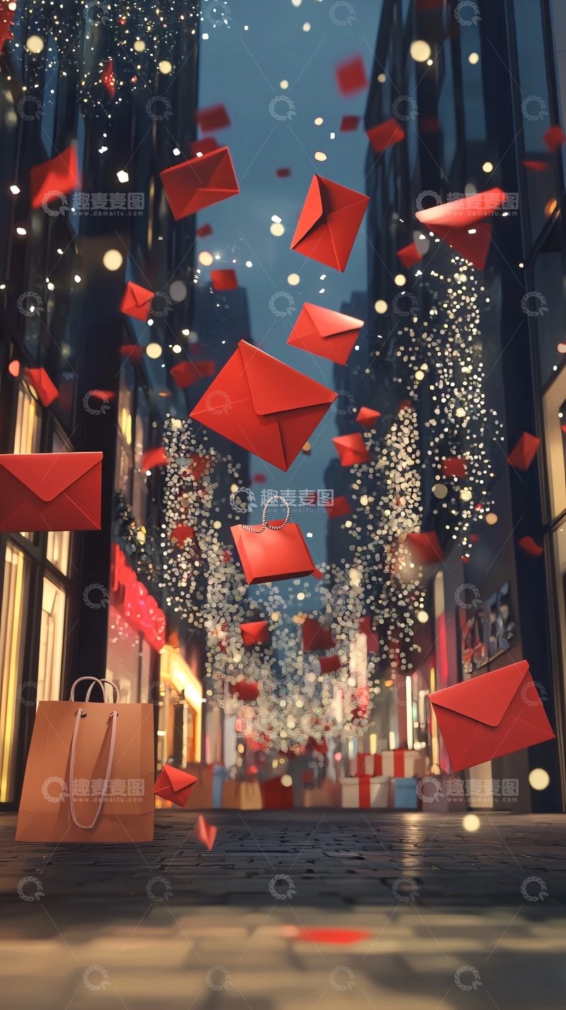 高清大图下载【趣麦麦图】夜晚购物街红信封飘落