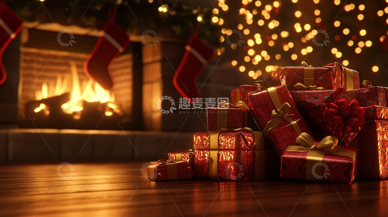 高清大图下载【趣麦麦图】圣诞节壁炉旁的礼物