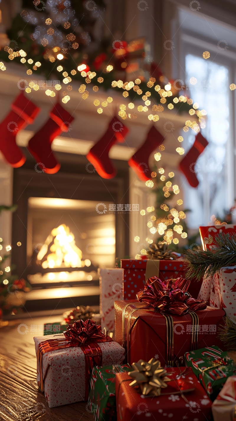 高清大图下载【趣麦麦图】圣诞节壁炉礼物堆