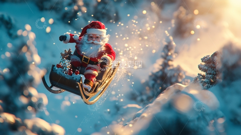 高清大图下载【趣麦麦图】圣诞老人飞跃雪地