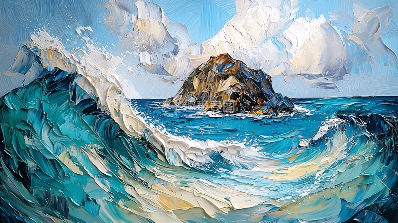 高清大图下载【趣麦麦图】海浪冲击岩石的油画