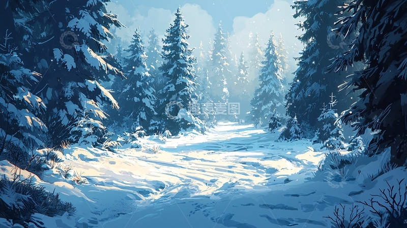 高清大图下载【趣麦麦图】雪地森林小路阳光照耀